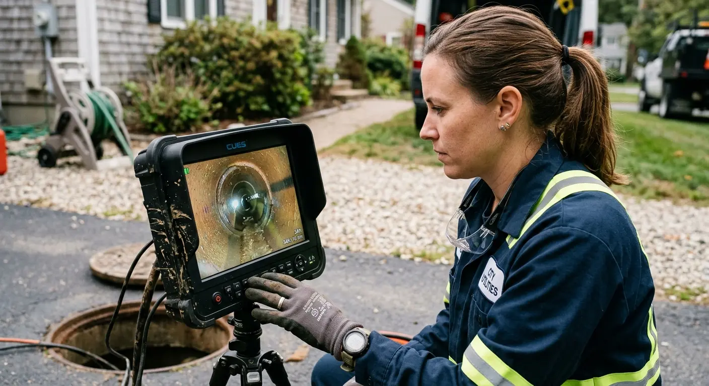 Technician reviewing sewer camera inspection footage in Senoia