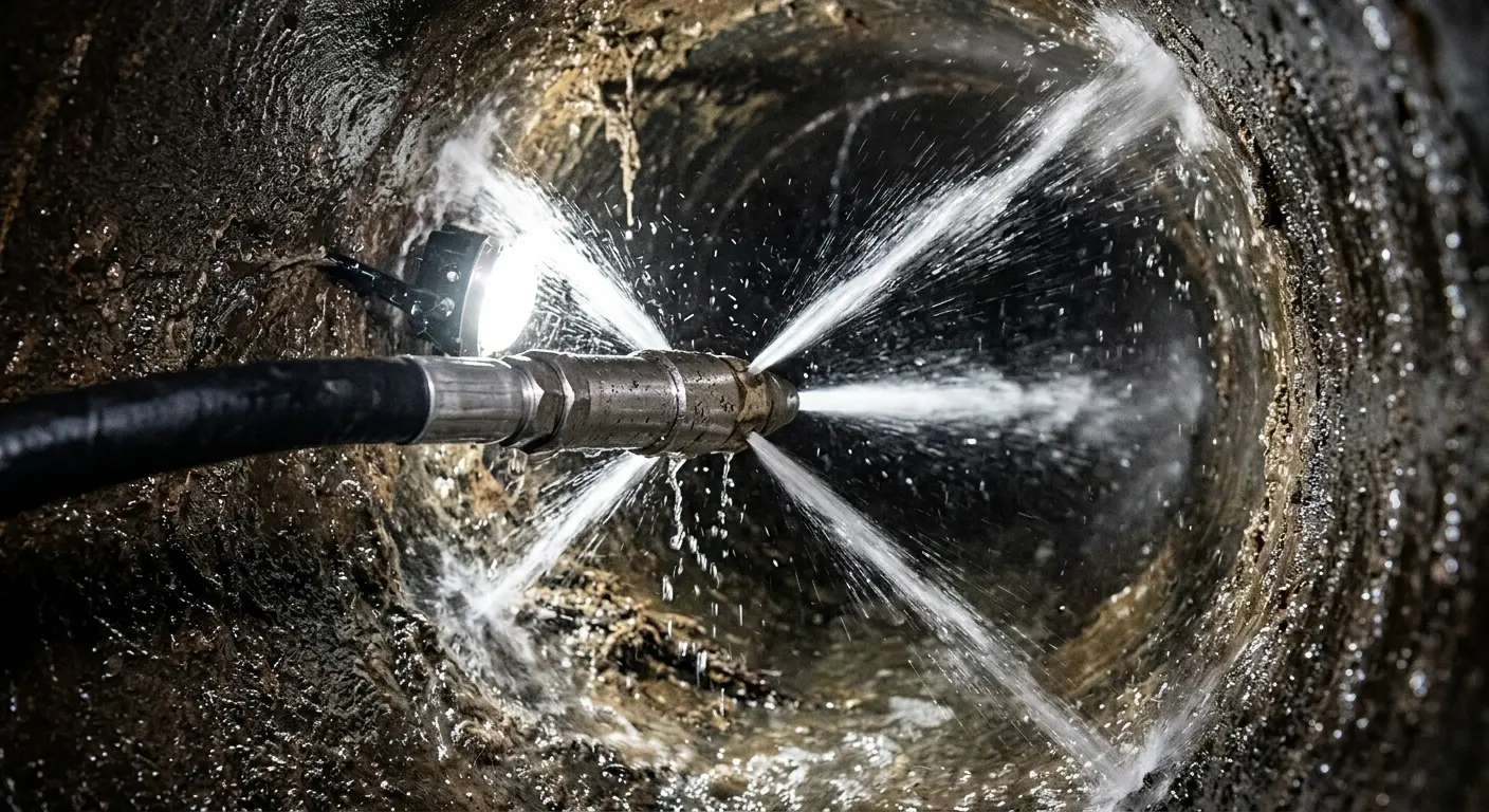 High-pressure hydro jetting nozzle cleaning sewer pipe for Sewer Cleanout in Senoia