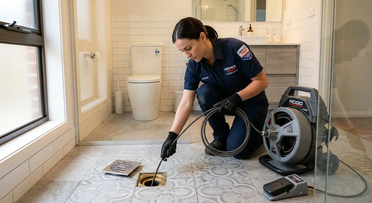 Technician clearing a bathroom floor drain for Drain Cleaning in Senoia